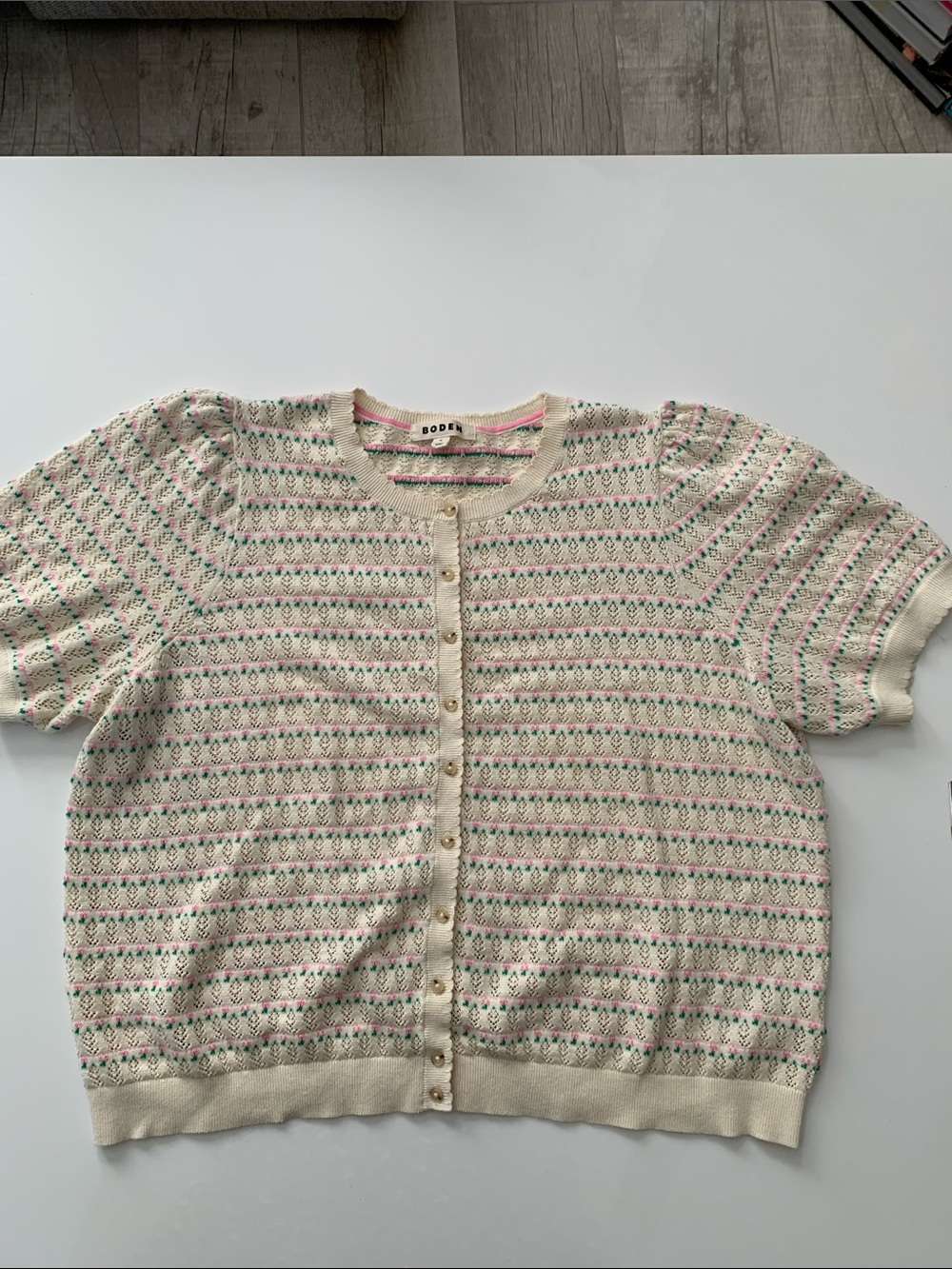 Boden Dot Pointelle Cardigan XL Cream Pink Green Cotton Puff Sleeve Sweater - Picture 12 of 15